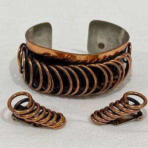 Vintage Signed Renoir Copper Coil Cuff Bracelet with Matching Clip-on Earrings